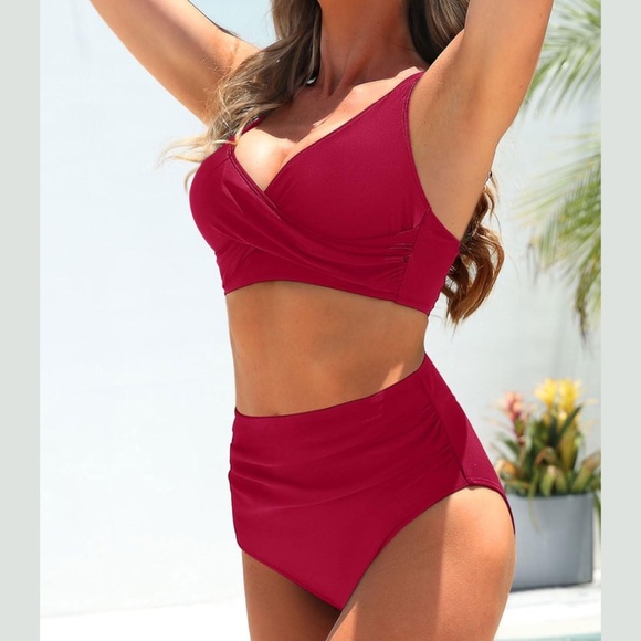NWT Red High Waisted Tummy Control Full Coverage Bikini - Med - Picture 3 of 7
